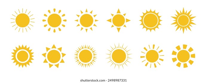 Conjunto de iconos de sol. Iconos amarillos del sol. Brillar el rayo de sol puesto. Icono de la puesta del sol colección. Iconos amarillos de la estrella del sol. Ilustración vectorial