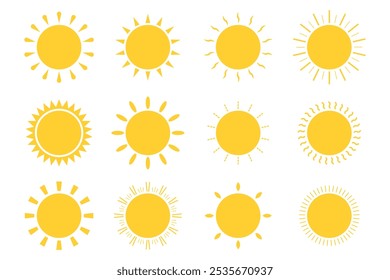 Sun icon set. Yellow sun icons. Sunset icon collection. Yellow sun star icons. Vector illustration