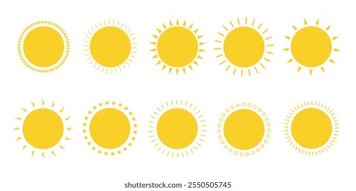 Sun icon set. Yellow sun icons. Shine sun ray set. Sunset icon collection. Yellow sun star icons. Hot solar energy for tan