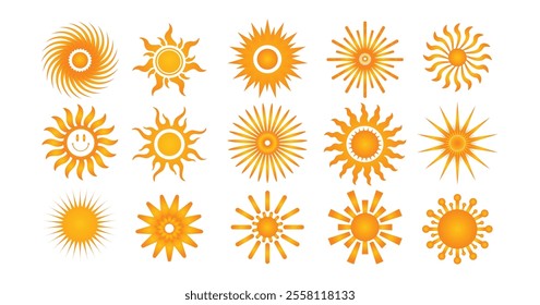 Sun icon set. Yellow sun icons Logos. Shine sun ray set. Sunset icon collection. Yellow sun star icons. Vector illustration Gradient
