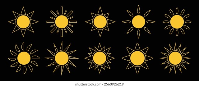 Sun icon set. Yellow sun icons. Shine sun ray set. Sunset icon collection. Yellow sun star icons. Hot solar energy for tan. Vector illustration