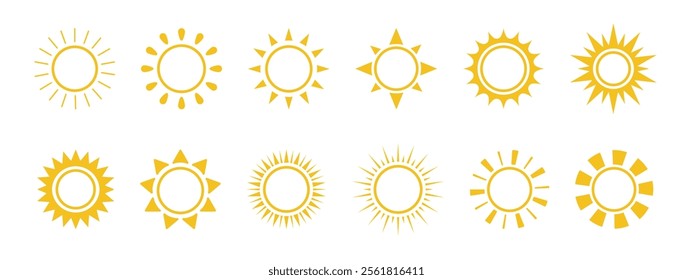 Sun icon set. Yellow sun icons. Shine sun ray set. Sunset icon collection. Yellow sun star icons. Vector illustration