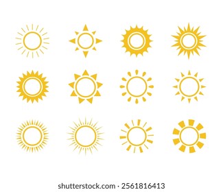 Sun icon set. Yellow sun icons. Shine sun ray set. Sunset icon collection. Yellow sun star icons. Vector illustration