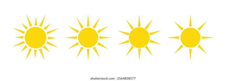 Sun icon set. Yellow sun icons. Shine sun ray set. Sunset icon collection. Yellow sun star icons. Hot solar energy. vector icon. 