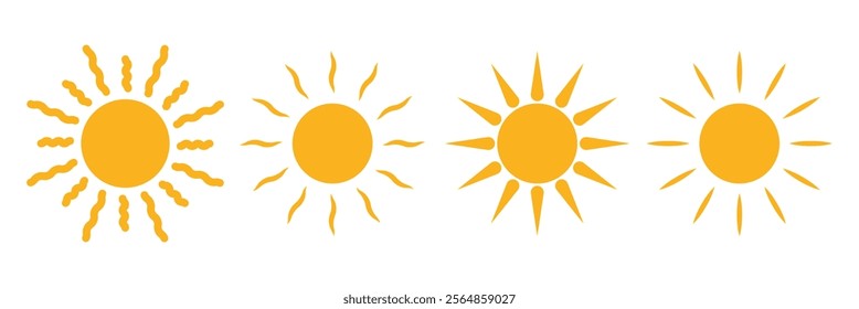 Sun icon set. Yellow sun icons. Shine sun ray set. Sunset icon collection. Yellow sun star icons. Eps 10.
