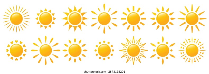 Sun icon set. Yellow sun icons. Shine sun ray set. Summer, spring, nature, sky. Sun silhouette. Hot solar energy