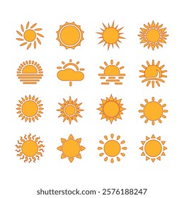 Sun icon set. Yellow sun icons. Shine sun ray set. Sunset icon collection. Yellow sun star icons. Vector illustration