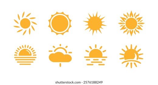 Sun icon set. Yellow sun icons. Shine sun ray set. Sunset icon collection. Yellow sun star icons. Vector illustration