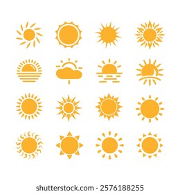 Sun icon set. Yellow sun icons. Shine sun ray set. Sunset icon collection. Yellow sun star icons. Vector illustration