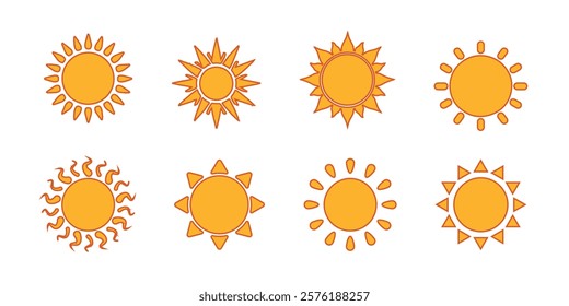 Sun icon set. Yellow sun icons. Shine sun ray set. Sunset icon collection. Yellow sun star icons. Vector illustration