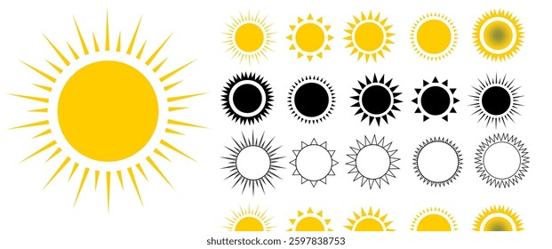 Sun icon set. Yellow sun icons. Shine sun ray set. Sunset icon collection. Yellow sun star icons vector