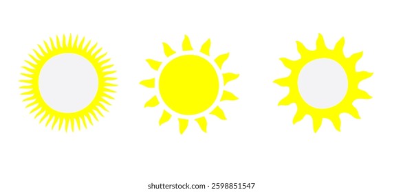 Sun icon set. Yellow sun icons. Shine sun ray set. Sunset icon collection. Yellow sun star icons. Hot solar energy for tan. Vector illustration