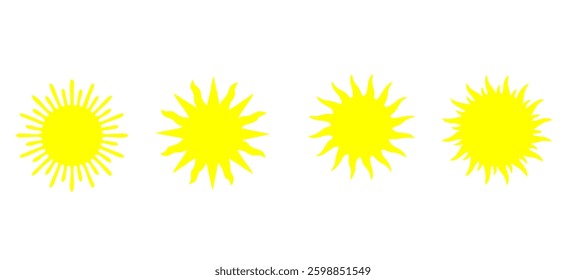 Sun icon set. Yellow sun icons. Shine sun ray set. Sunset icon collection. Yellow sun star icons. Hot solar energy for tan. Vector illustration