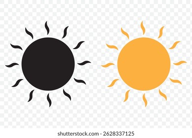 Sun icon set. Yellow sun icons. Shine sun ray set. Sunset icon collection. Yellow sun star icons. Hot solar energy for tan. Vector illustration on Transparent Background. EPS 10.