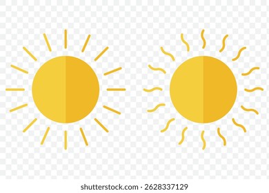 Sun icon set. Yellow sun icons. Shine sun ray set. Sunset icon collection. Yellow sun star icons. Hot solar energy for tan. Vector illustration on Transparent Background. EPS 10.