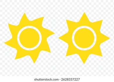 Conjunto de ícones da Sun. Ícones amarelos do sol. Brilho conjunto de raios solares. Coleção de ícones de pôr do sol. Ícones de estrela do sol amarela. Ilustração vetorial em fundo transparente. EPS 10.