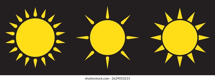 Sun icon set. Yellow sun icons. Shine sun ray set. Sunset icon collection. Yellow sun star icons. Hot solar energy for tan. Vector illustration on Transparent Background. EPS 10.