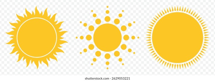 Sun icon set. Yellow sun icons. Shine sun ray set. Sunset icon collection. Yellow sun star icons. Hot solar energy for tan. Vector illustration on Transparent Background. EPS 10.