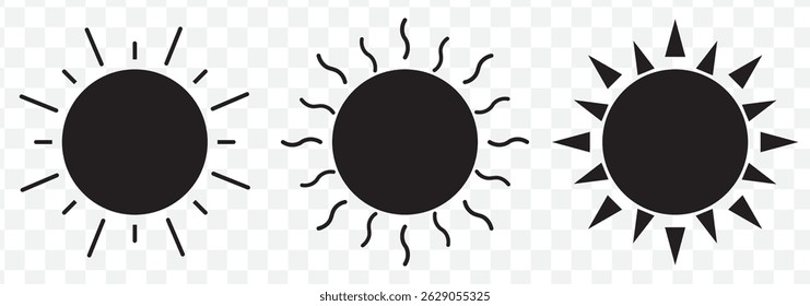 Sun icon set. Yellow sun icons. Shine sun ray set. Sunset icon collection. Vector illustration Sun silhouette icons vector symbol set on Transparent Background. EPS 10.