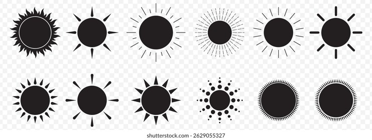 Sun icon set. Yellow sun icons. Shine sun ray set. Sunset icon collection. Vector illustration Sun silhouette icons vector symbol set on Transparent Background. EPS 10.
