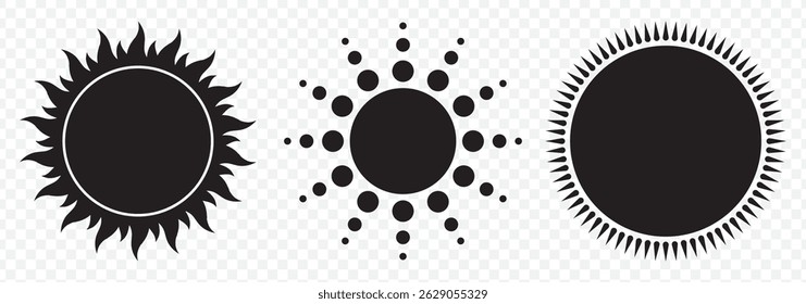 Sun icon set. Yellow sun icons. Shine sun ray set. Sunset icon collection. Vector illustration Sun silhouette icons vector symbol set on Transparent Background. EPS 10.