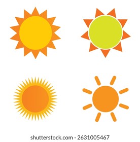 Sun icon set. Yellow sun icons. Shine sun ray set. Sunset icon collection 