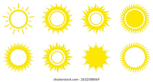 Sun icon set. Yellow sun icons. Shine sun ray set. Sunset icon collection. Yellow sun star icons. Vector illustration isolated on white background.