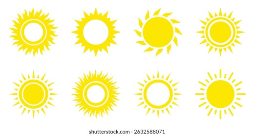 Sun icon set. Yellow sun icons. Shine sun ray set. Sunset icon collection. Yellow sun star icons. Vector illustration isolated on white background.