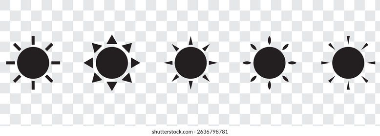 Sun icon set. Yellow sun icons. Shine sun ray set. Sunset icon collection. Yellow sun star icons. Hot solar energy for tan. Vector illustration
