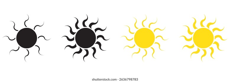 Sun icon set. Yellow sun icons. Shine sun ray set. Sunset icon collection. Yellow sun star icons. Hot solar energy for tan. Vector illustration
