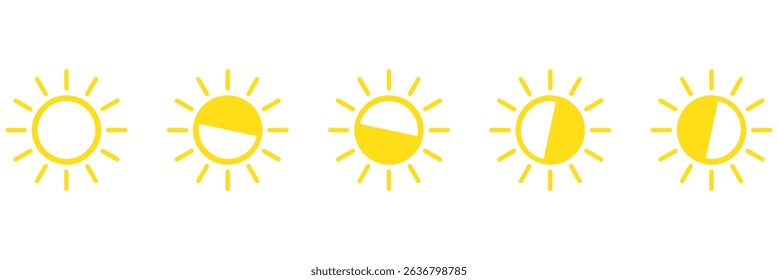Sun icon set. Yellow sun icons. Shine sun ray set. Sunset icon collection. Yellow sun star icons. Hot solar energy for tan. Vector illustration
