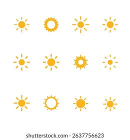 Sun icon set. Yellow sun icons. Shine sun ray set. Sunset icon collection. Yellow sun star icons. Vector illustration