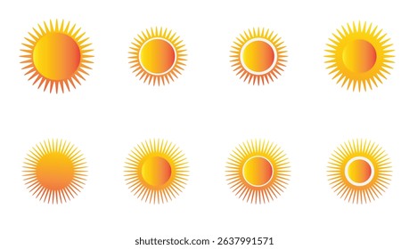 Sun icon set. Yellow sun icons. Shine sun ray set. Sunset icon collection. Yellow sun star icons. Vector illustration