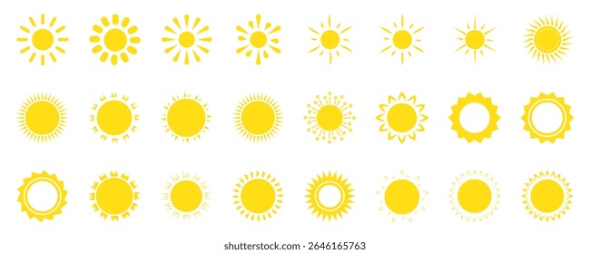 Sun icon set. Yellow sun icons. Shine sun ray set. Sunset icon collection. Yellow sun star icons. Hot solar energy for tan. Vector illustration