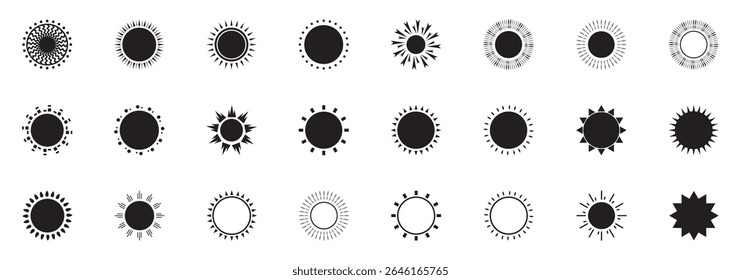 Sun icon set. Yellow sun icons. Shine sun ray set. Sunset icon collection. Yellow sun star icons. Vector illustration