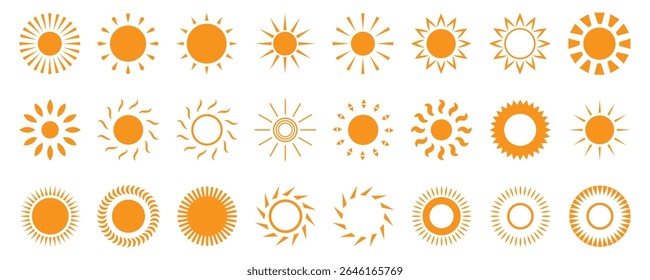 Sun icon set. Yellow sun icons. Shine sun ray set. Sunset icon collection. Yellow sun star icons. Hot solar energy for tan. Vector illustration
