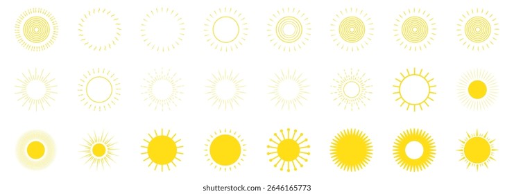 Sun icon set. Yellow sun icons. Shine sun ray set. Sunset icon collection. Yellow sun star icons. Vector illustration