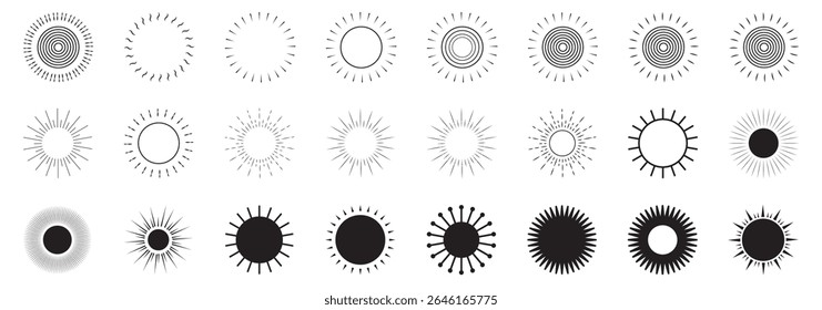 Sun icon set. Yellow sun icons. Shine sun ray set. Sunset icon collection. Yellow sun star icons. Vector illustration