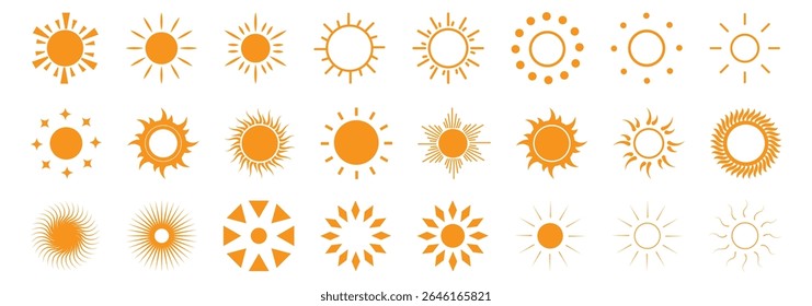 Sun icon set. Yellow sun icons. Shine sun ray set. Sunset icon collection. Yellow sun star icons. Vector illustration
