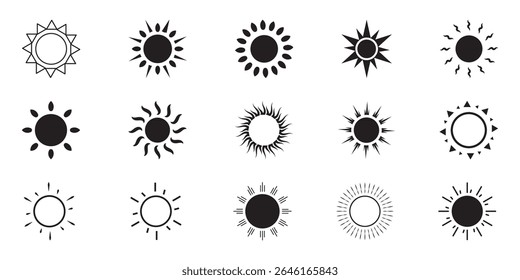 Sun icon set. Yellow sun icons. Shine sun ray set. Sunset icon collection. Yellow sun star icons. Hot solar energy for tan. Vector illustration
