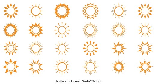Sun icon set. Yellow sun icons. Shine sun ray set. Sunset icon collection. Yellow sun icons collection. Summer, sunlight, nature, sky. sunlight collection. Hot solar energy for tan.