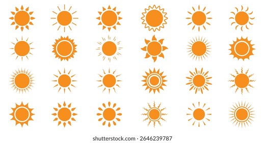 Sun icon set. Yellow sun icons. Shine sun ray set. Sunset icon collection. Yellow sun icons collection. Summer, sunlight, nature, sky. sunlight collection. Hot solar energy for tan.