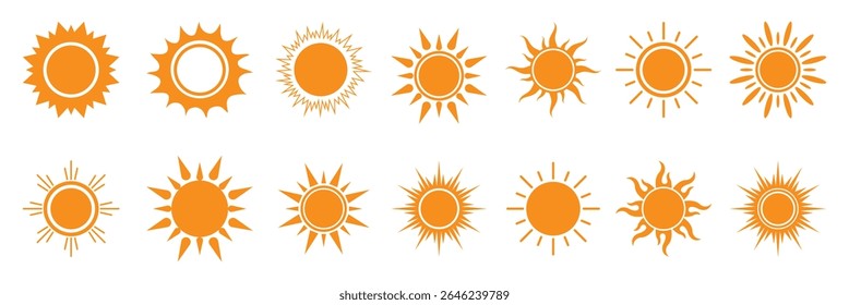 Sun icon set. Yellow sun icons. Shine sun ray set. Sunset icon collection. Yellow sun icons collection. Summer, sunlight, nature, sky. sunlight collection. Hot solar energy for tan.