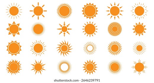 Sun icon set. Yellow sun icons. Shine sun ray set. Sunset icon collection. Yellow sun icons collection. Summer, sunlight, nature, sky. sunlight collection. Hot solar energy for tan.