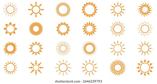 Sun icon set. Yellow sun icons. Shine sun ray set. Sunset icon collection. Yellow sun icons collection. Summer, sunlight, nature, sky. sunlight collection. Hot solar energy for tan.