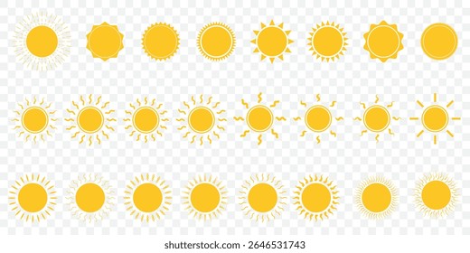 Sun icon set. Yellow sun icons. Shine sun ray set. Sunset icon collection. Yellow sun star icons. Hot solar energy for tan. Vector illustration on Transparent Background. EPS 10.