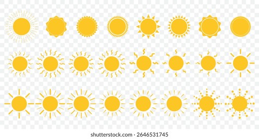 Sun icon set. Yellow sun icons. Shine sun ray set. Sunset icon collection. Yellow sun star icons. Hot solar energy for tan. Vector illustration on Transparent Background. EPS 10.