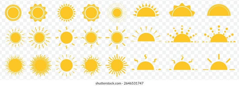 Sun icon set. Yellow sun icons. Shine sun ray set. Sunset icon collection. Yellow sun star icons. Hot solar energy for tan. Vector illustration on Transparent Background. EPS 10.