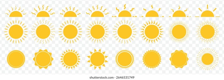Sun icon set. Yellow sun icons. Shine sun ray set. Sunset icon collection. Yellow sun star icons. Hot solar energy for tan. Vector illustration on Transparent Background. EPS 10.