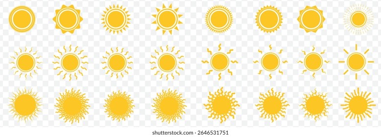 Sun icon set. Yellow sun icons. Shine sun ray set. Sunset icon collection. Yellow sun star icons. Hot solar energy for tan. Vector illustration on Transparent Background. EPS 10.
